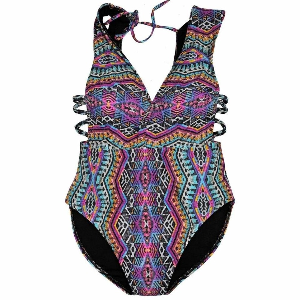 Boho Tribal One Piece Swimsuit Womens M Plunge Halter‎ Strappy Cutout